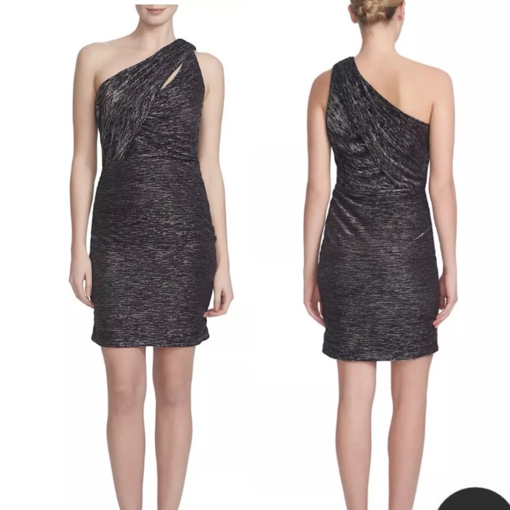 CeCe One-Shoulder Metallic Black Sheath Dress